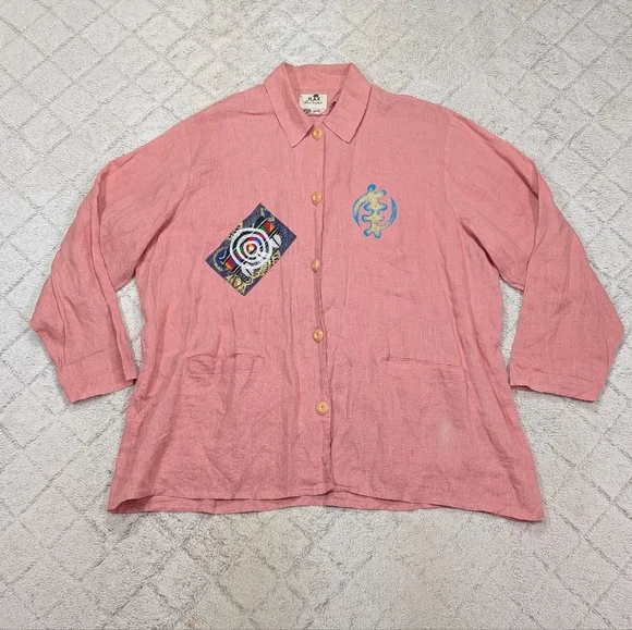 Flax Tunic Shirt Womens L Pink Coral Oversized Hand Painted Ethnic Unity Boho - Picture 2 of 7